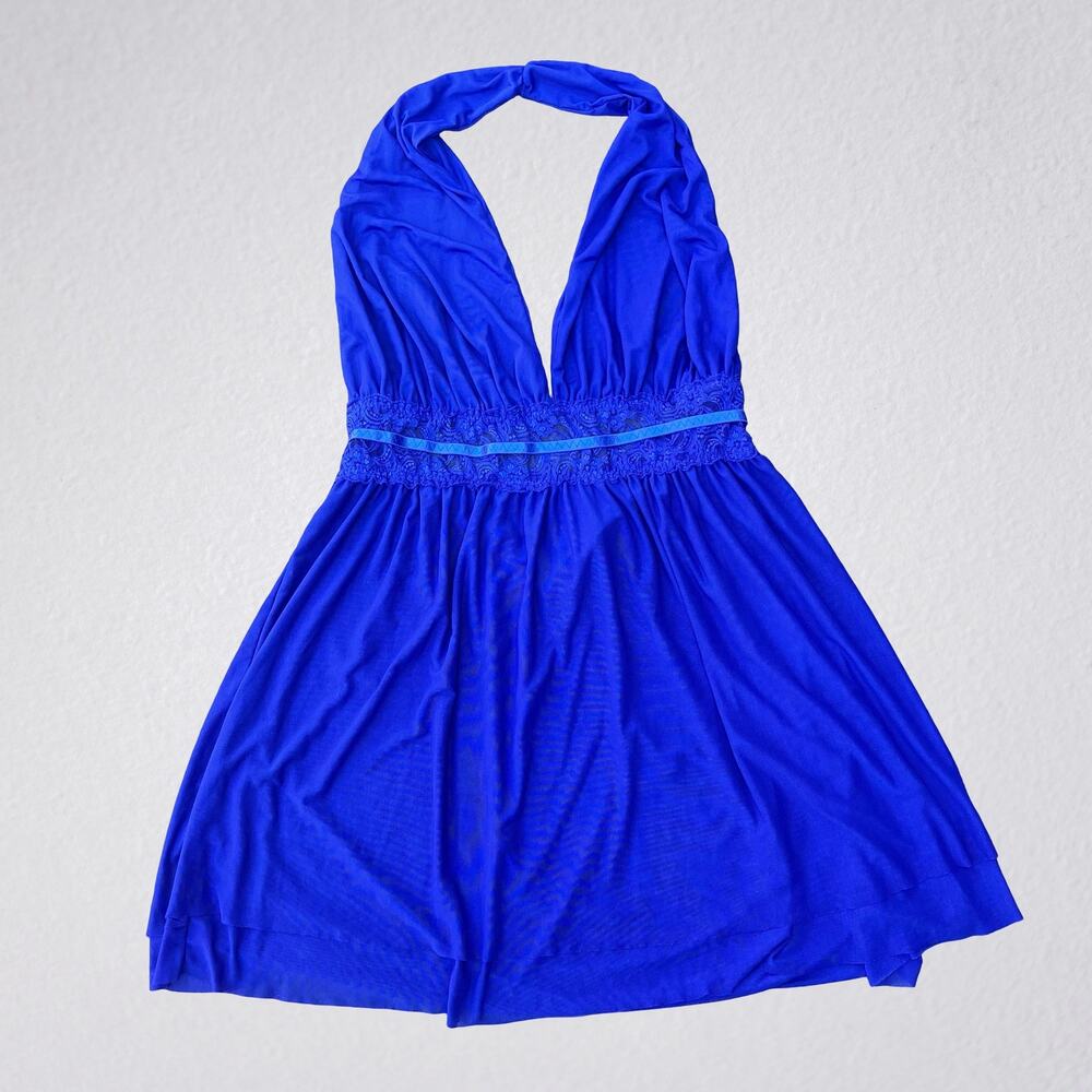 Semi sheer royal blue lace backless halter top nightie slip dress, deep v neck